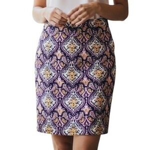 J Crew The Pencil Skirt Paisley Geometric Bright Knee Length Purple XS Cotton